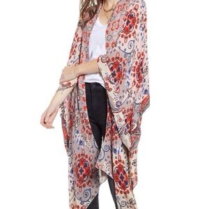 Free People Little Wing Duster Kimono Cream Red Blue Print One Size Boho